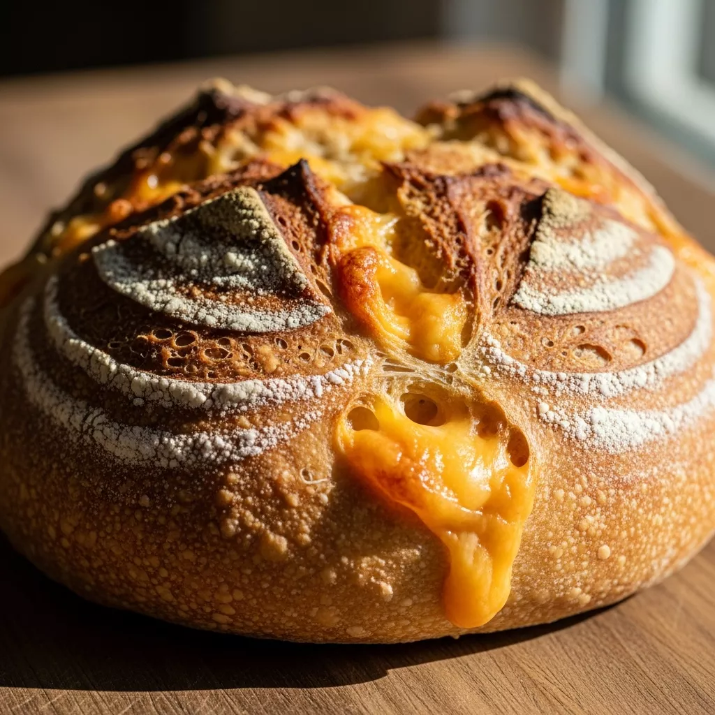 No Knead Cheddar Bread: Ultimate No-Knead Cheddar Dutch Oven Bread close up hero shot