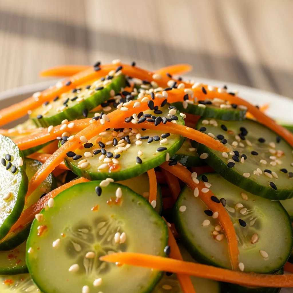 Close-up of Spicy Sesame Cucumber Carrot Salad