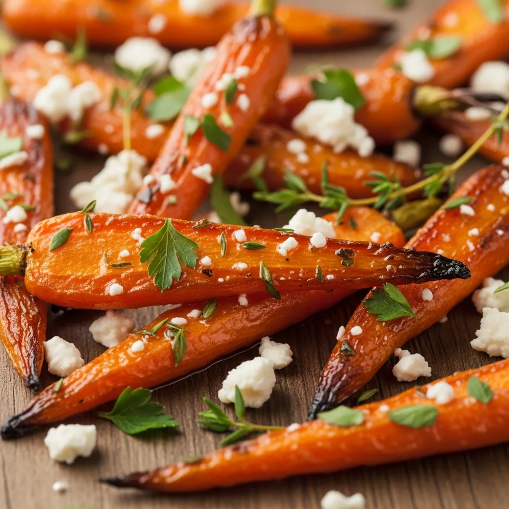 Honey-Glazed Smashed Carrots with Feta and Herbs close up