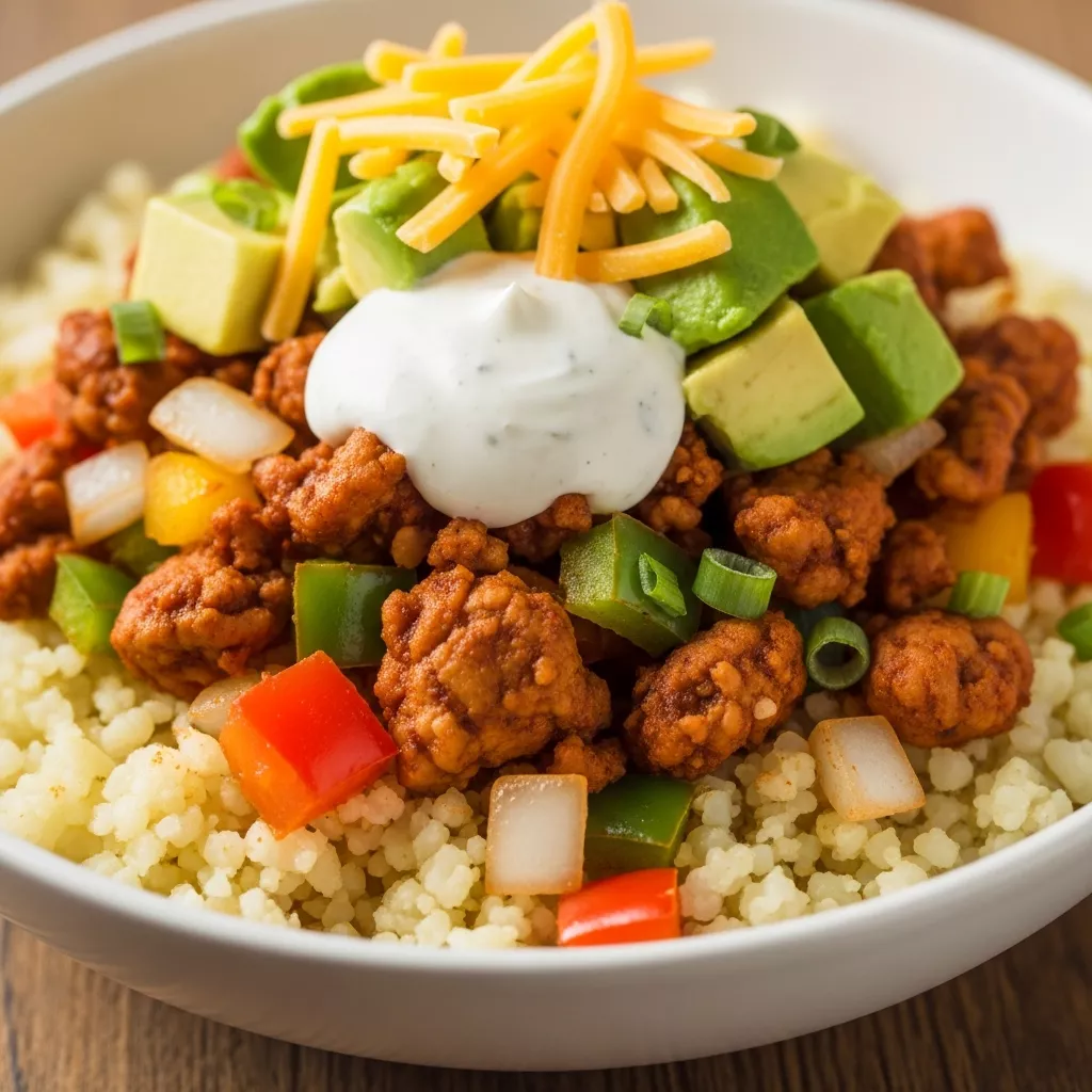 Delicious Low Carb Breakfast Burrito Bowl with ground turkey, cauliflower rice, and lime crema.