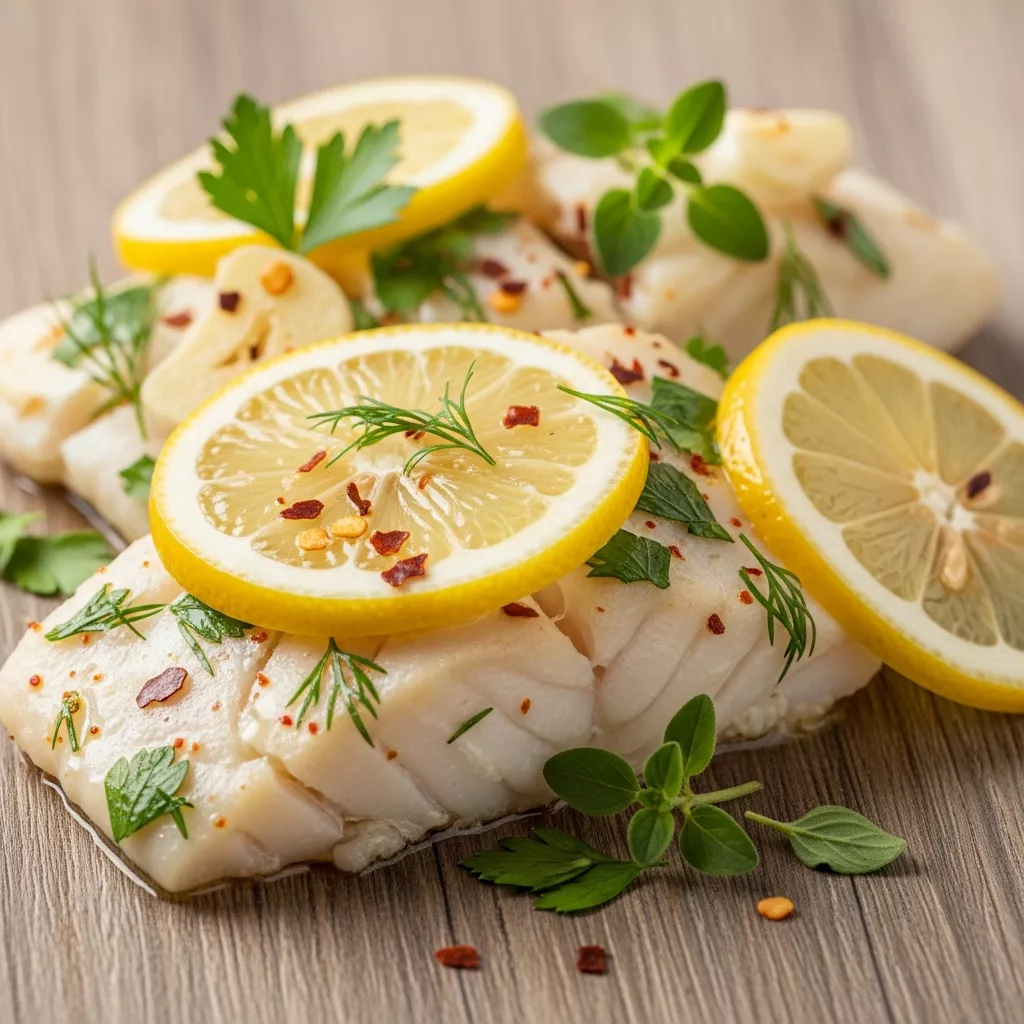 Close-up of Zesty Gluten-Free Mediterranean Baked Cod with Lemon & Garlic