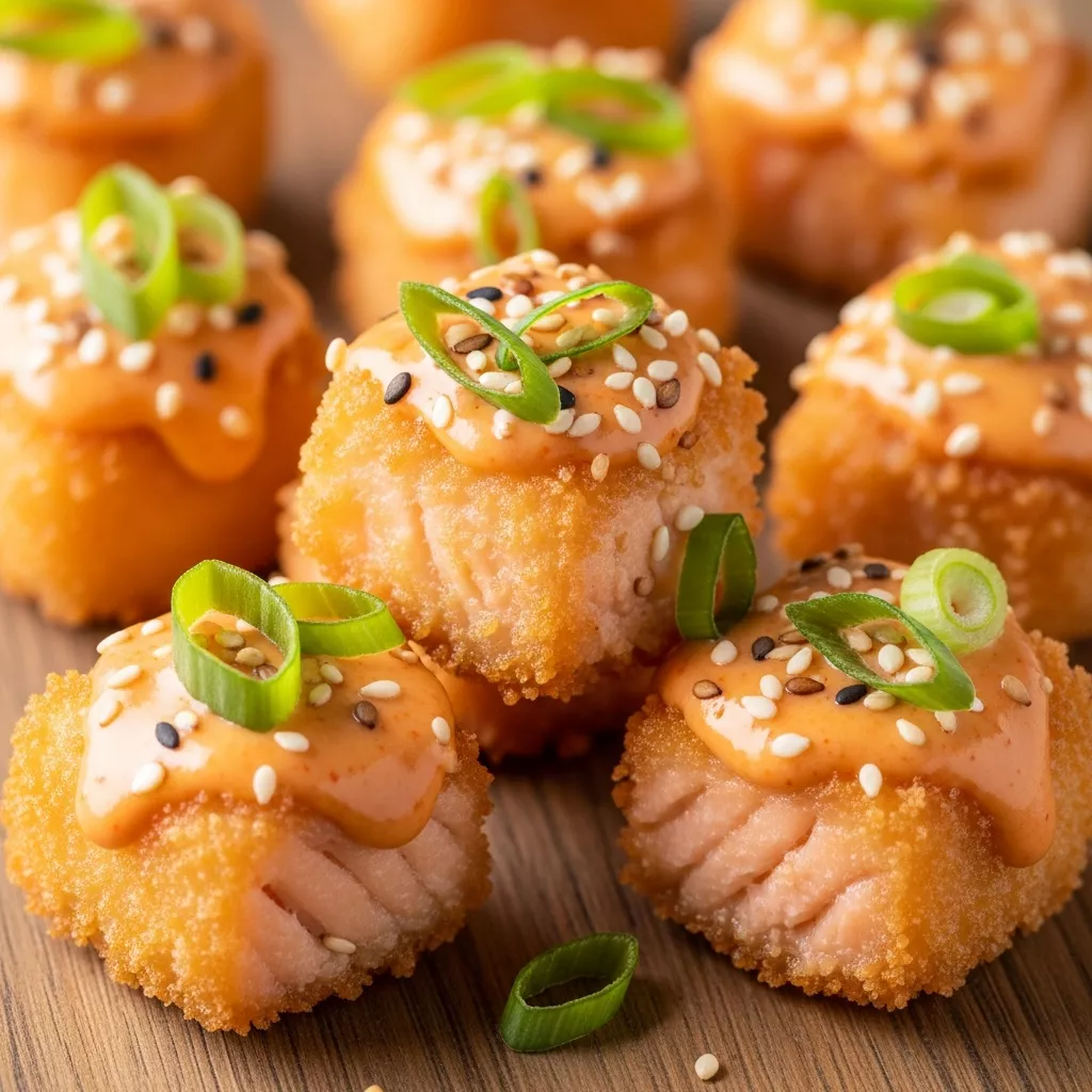 Macro close-up of golden crispy Bang Bang salmon bites coated in creamy, spicy-sweet sauce, garnished with green onions and sesame seeds on a rustic wooden surface.