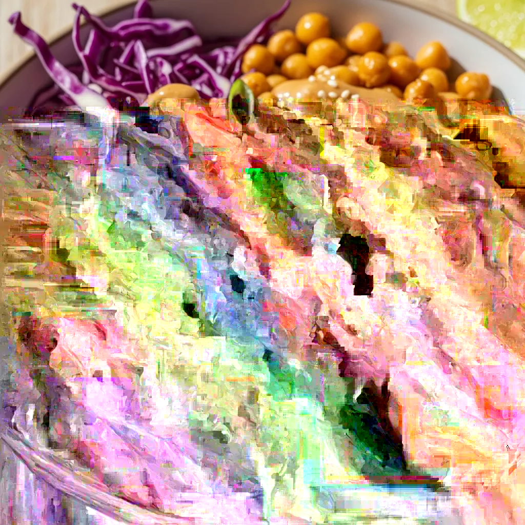 Vibrant Zesty Thai Chickpea Power Bowl with toasted chickpeas, red cabbage, carrots, bell pepper, cucumber, cilantro, peanuts, and creamy peanut lime dressing.