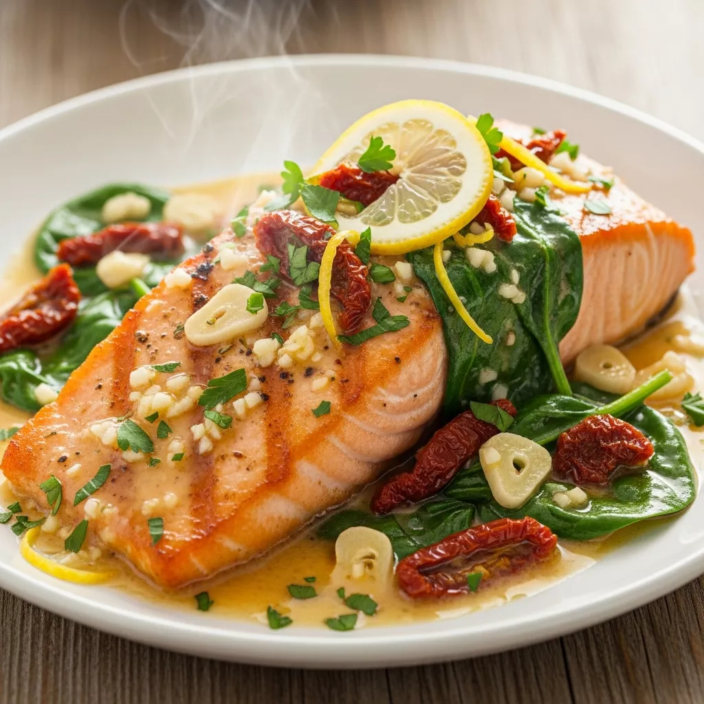 Macro close-up of Velvety Lemon-Herb Marry Me Salmon with Sun-Dried Tomato Cream, garnished with fresh parsley and a lemon slice on a rustic wooden surface.