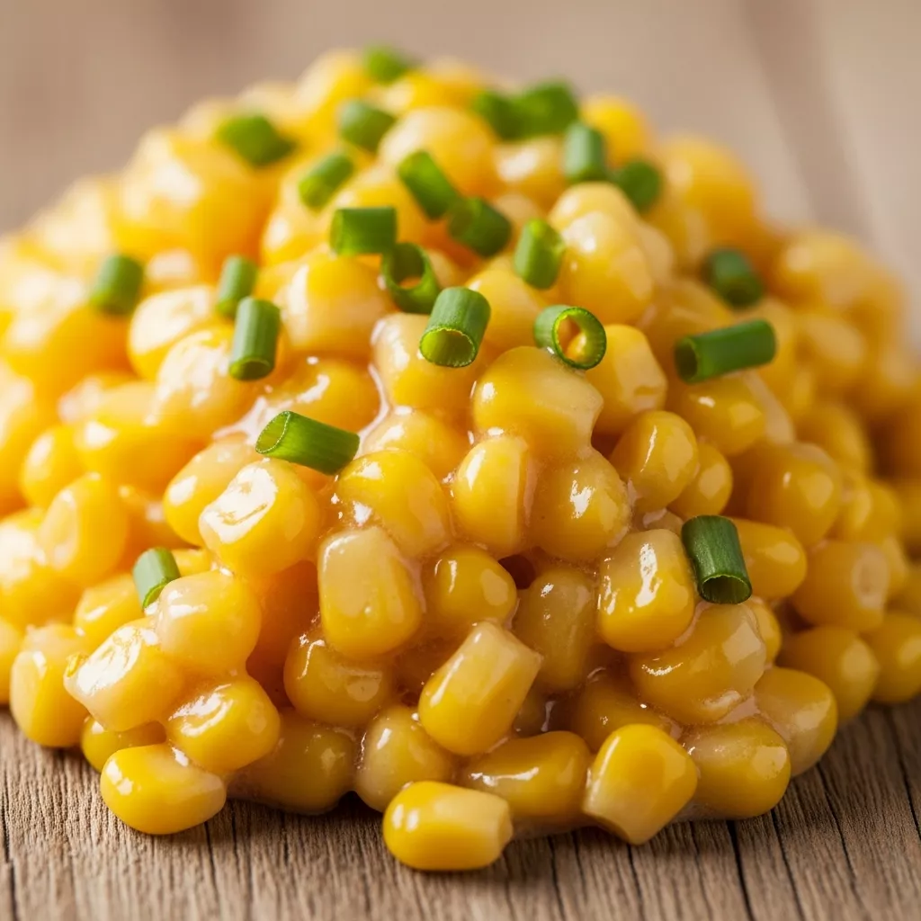 Golden Creamy Honey Butter Corn Medley in a serving bowl, garnished with chives on a rustic wooden table.