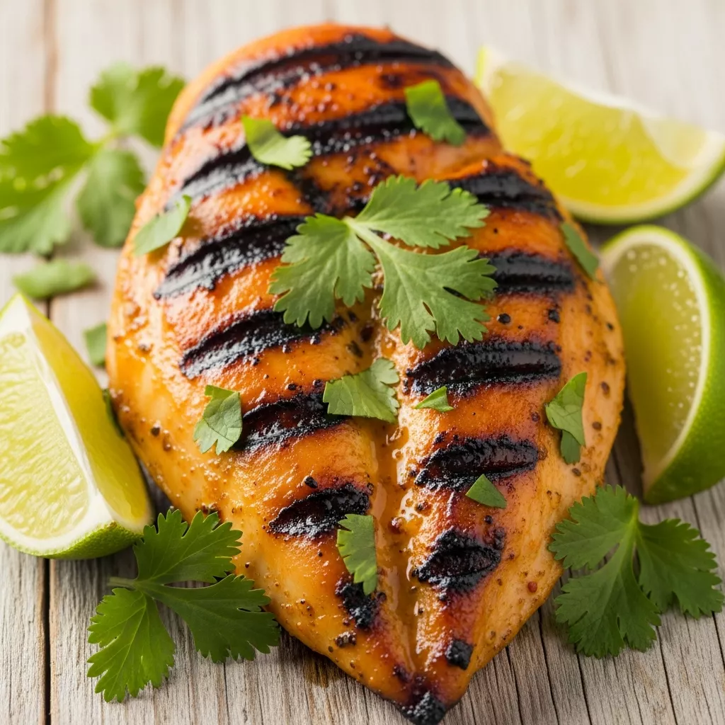 Macro close-up of grilled Key West Sunshine chicken breast garnished with cilantro and lime on a rustic wooden board.