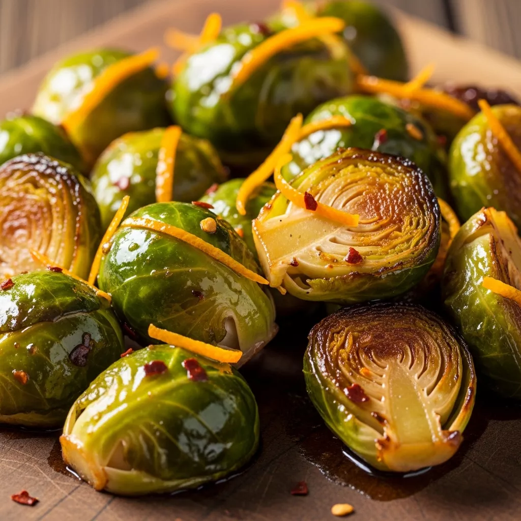 Glistening orange maple glazed Brussels sprouts with orange zest and red pepper flakes on a rustic board.
