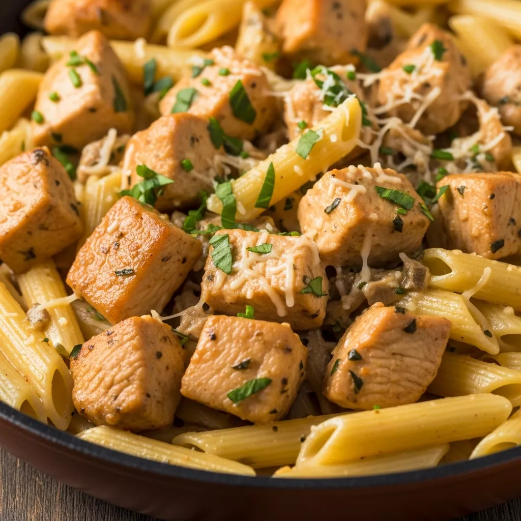 Macro close-up of creamy cowboy butter chicken pasta in a skillet, garnished with herbs and Parmesan.
