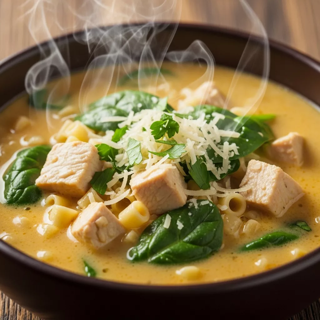 A macro close-up of steaming Velvety Garlic Parmesan Chicken Soup in a rustic bowl, featuring creamy broth, tender chicken, ditalini pasta, fresh spinach, and a garnish of Parmesan and parsley.