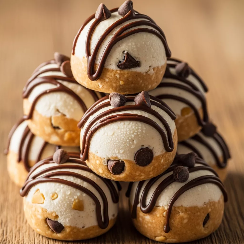 Macro close-up of frozen Greek yogurt peanut butter bites with chocolate drizzle, perfect healthy snack