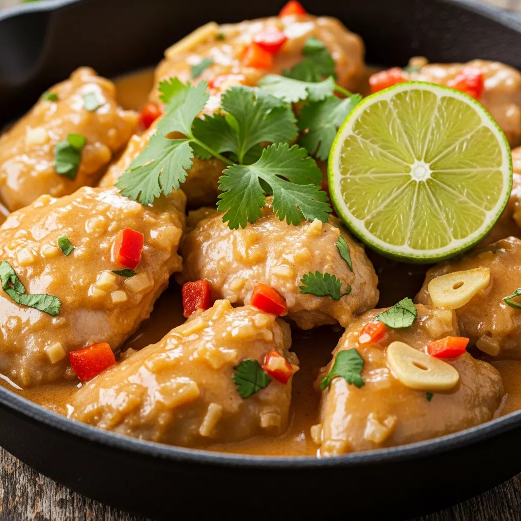 Zesty Brazilian Coconut Chicken Skillet with creamy sauce, cilantro, and lime in a cast iron skillet