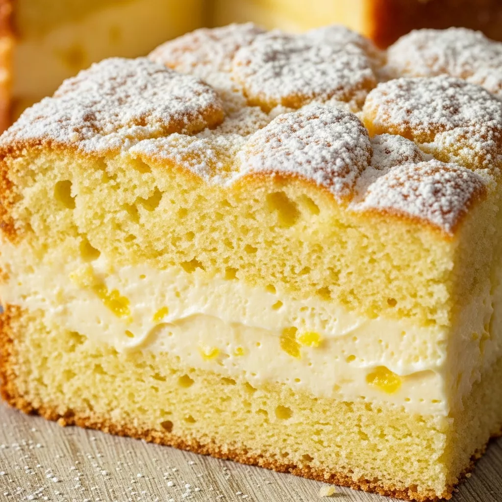Macro close-up of a slice of Zesty Lemon Cream Cheese Dream Cake, dusted with powdered sugar, revealing creamy and cake layers.