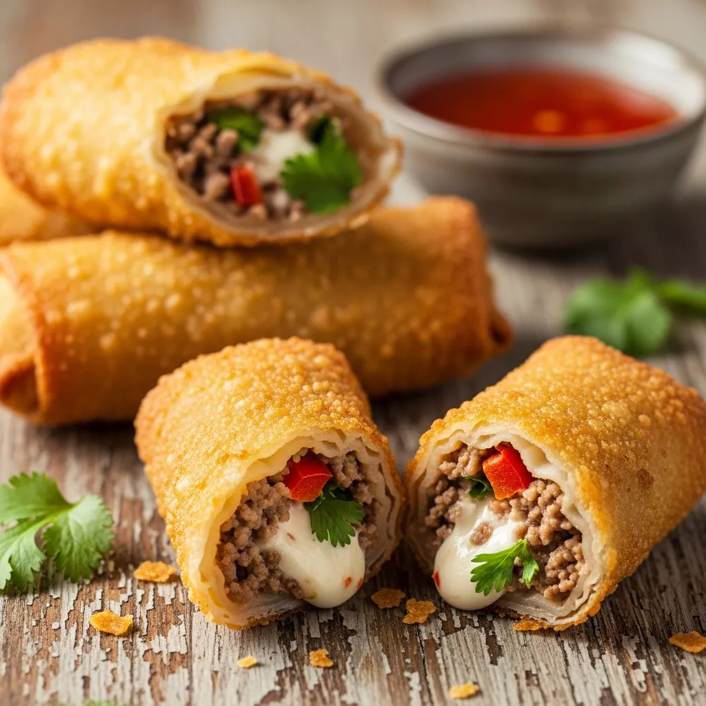 Crispy Voodoo Beef Egg Rolls air-fried golden brown with sweet chili dipping sauce on a rustic board.