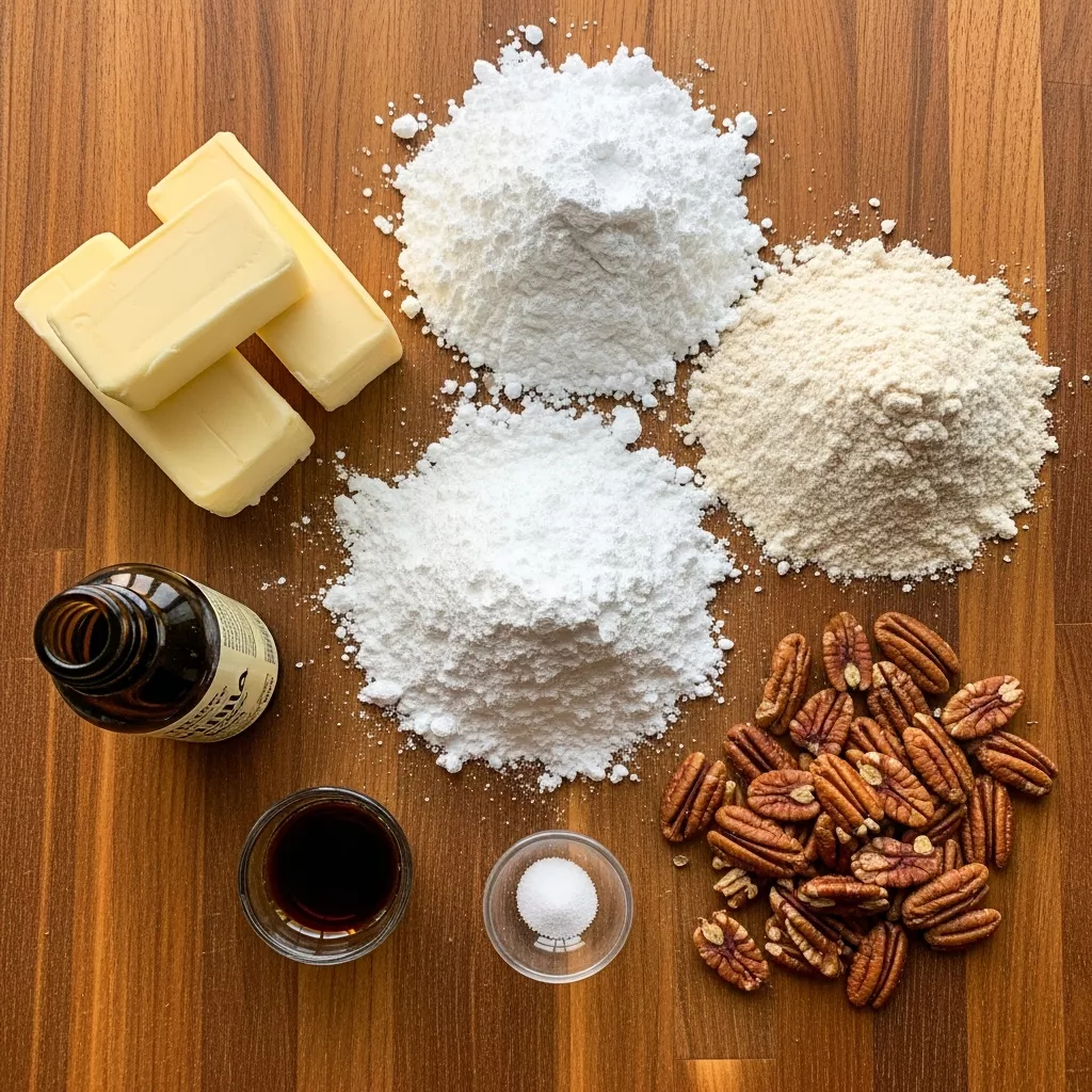 Ingredients for Buttery Pecan Snowball Cookies