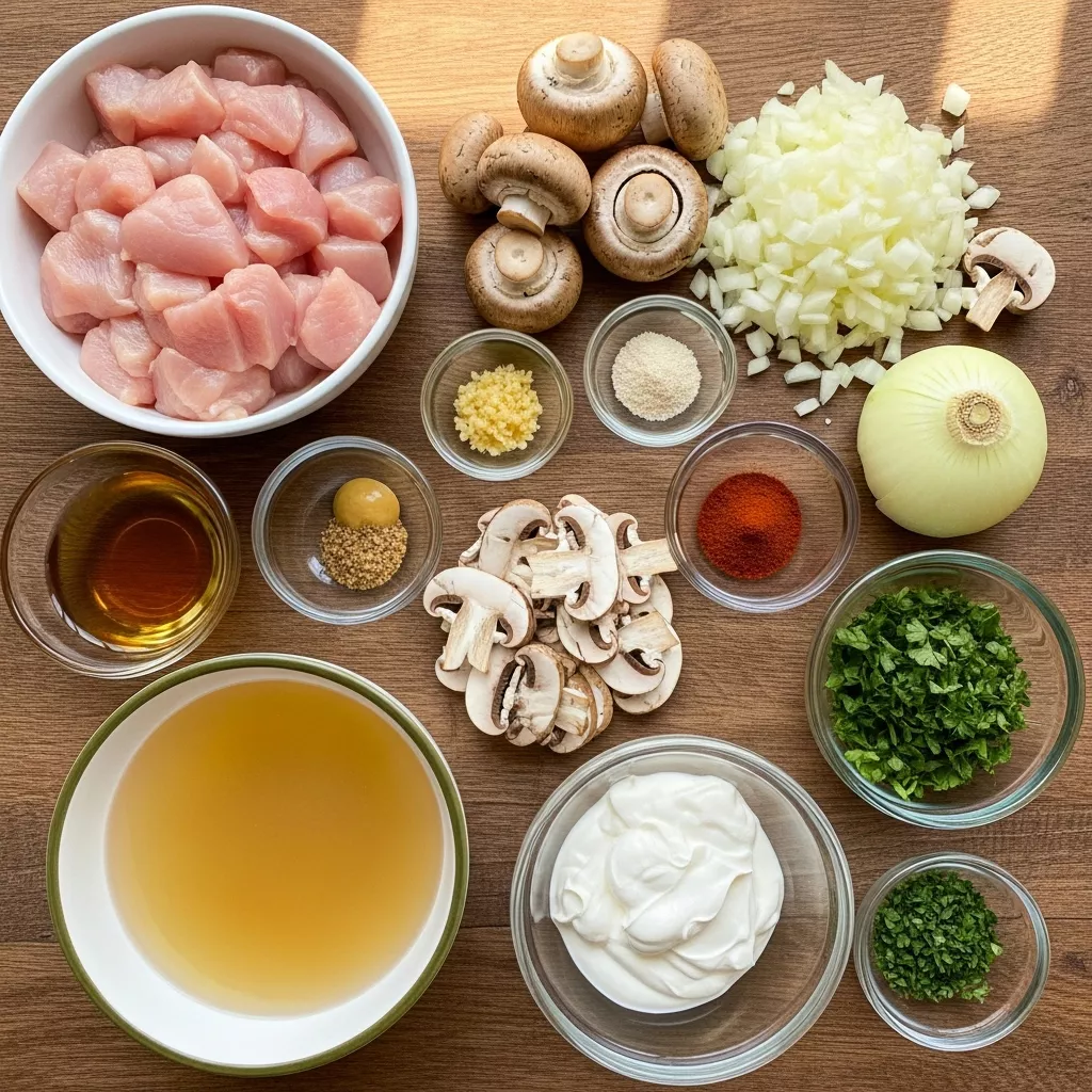 Ingredients for Creamy Chicken Mushroom Stroganoff in 35 Minutes