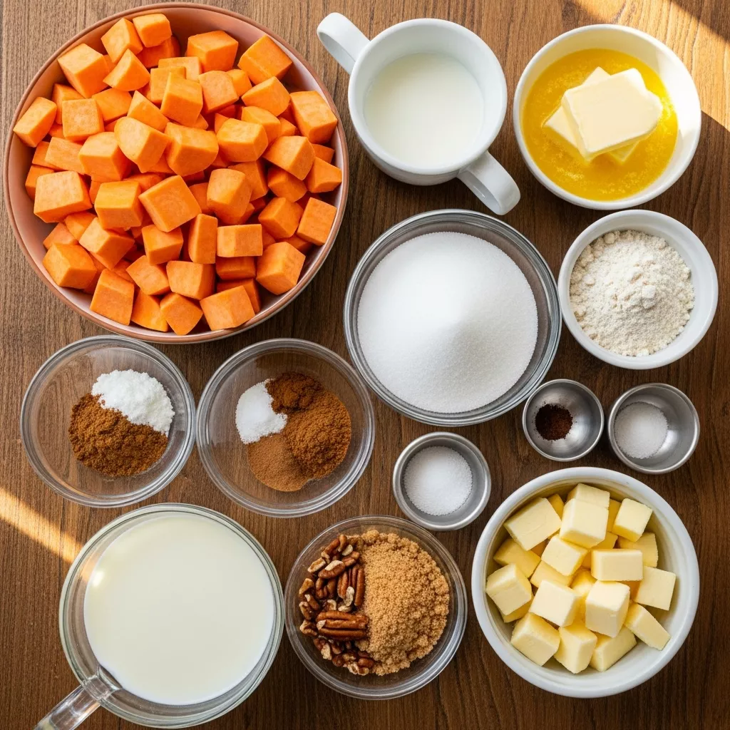 Ingredients for Cozy Sweet Potato Casserole with Pecan Crumble
