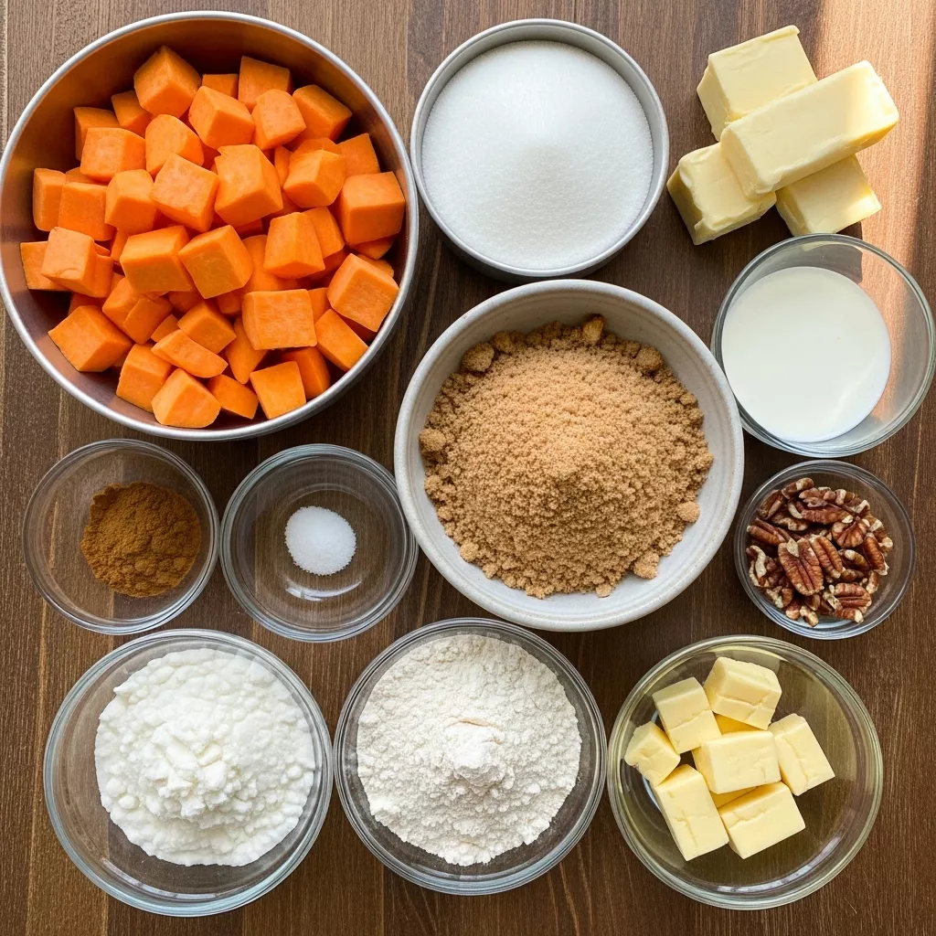 Ingredients for Creamy Copycat Sweet Potato Casserole