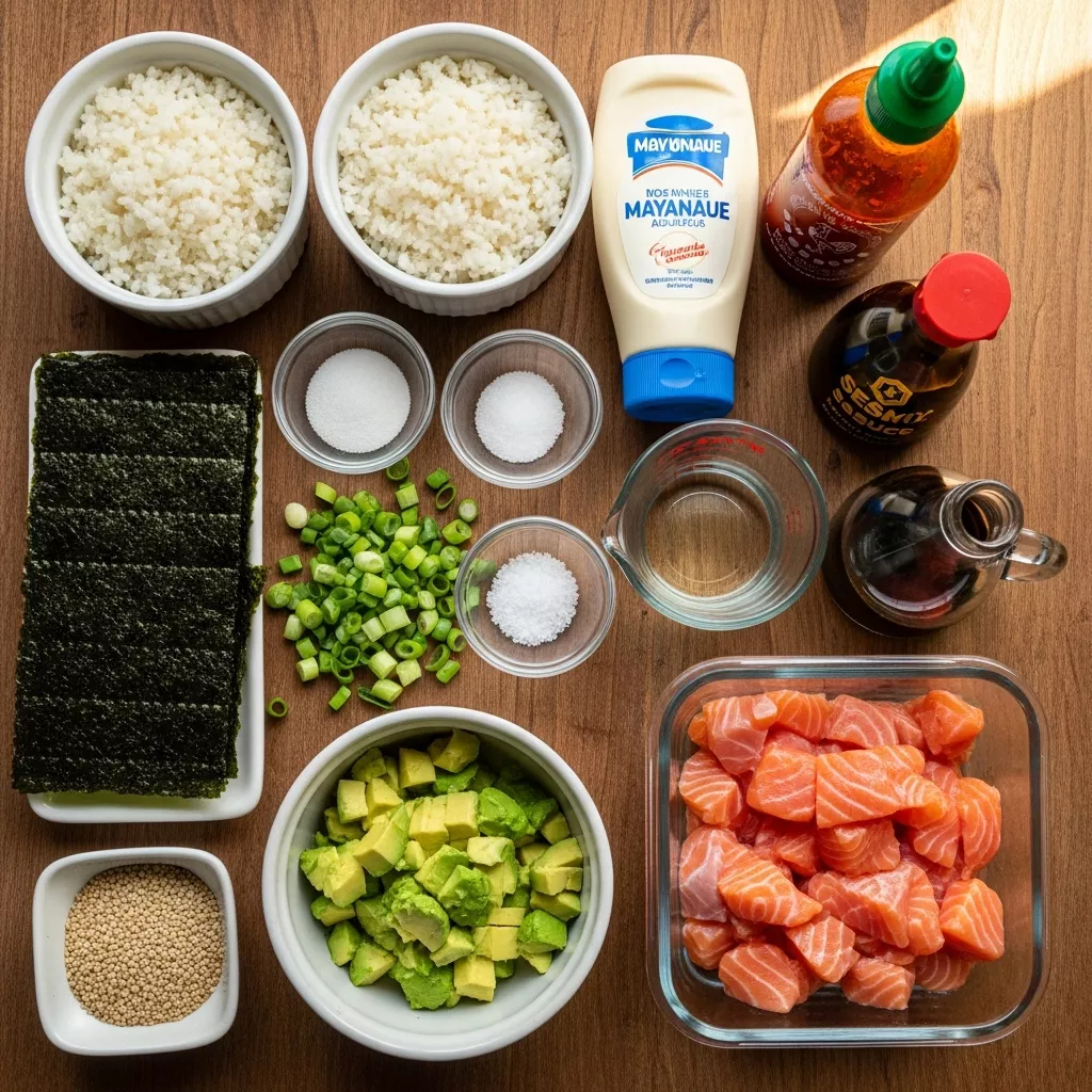 Ingredients for Easy Spicy Salmon Sushi Bake