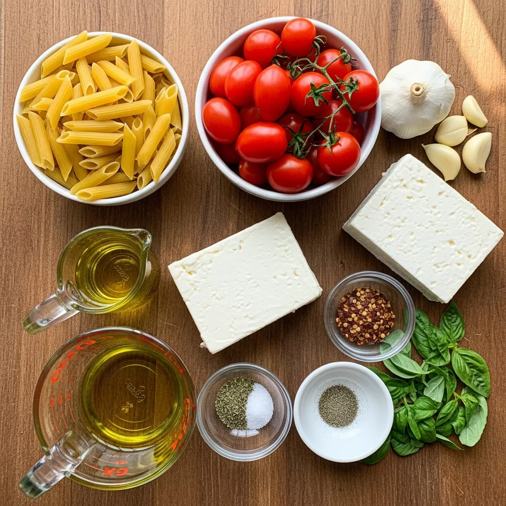 Ingredients for Creamy Baked Feta Pasta (Viral TikTok Sensation)