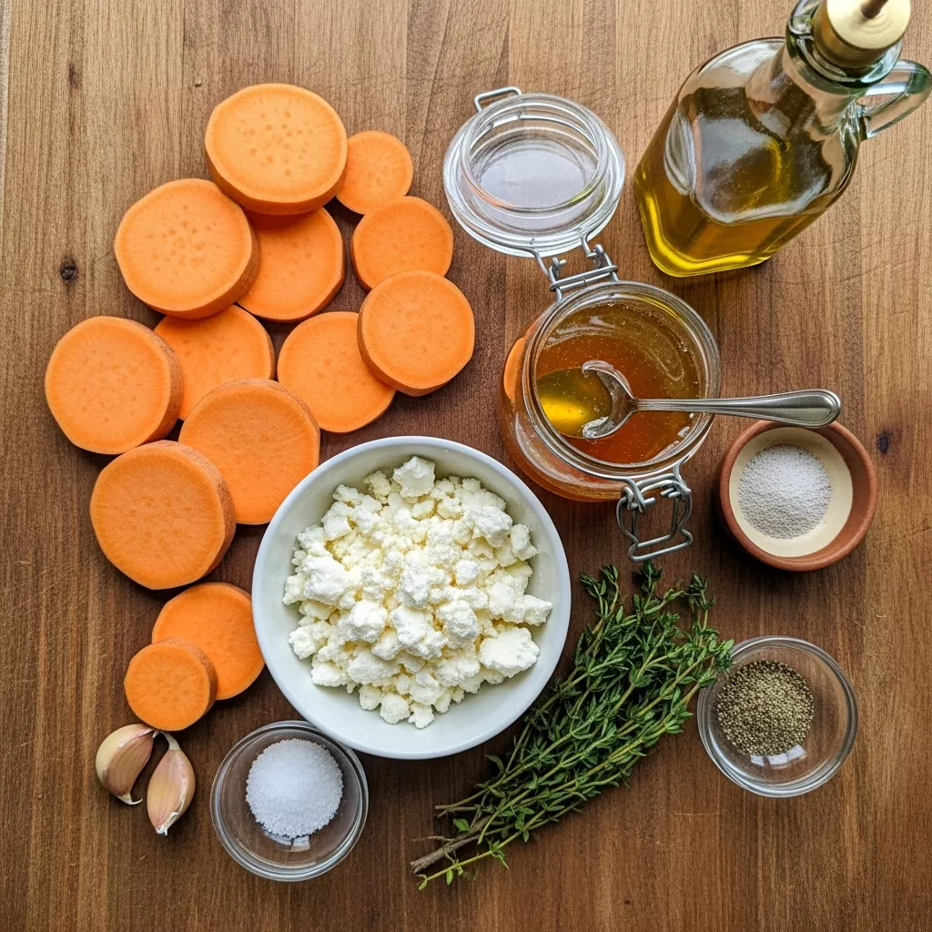 Ingredients for Honey-Kissed Sweet Potato Rounds with Feta
