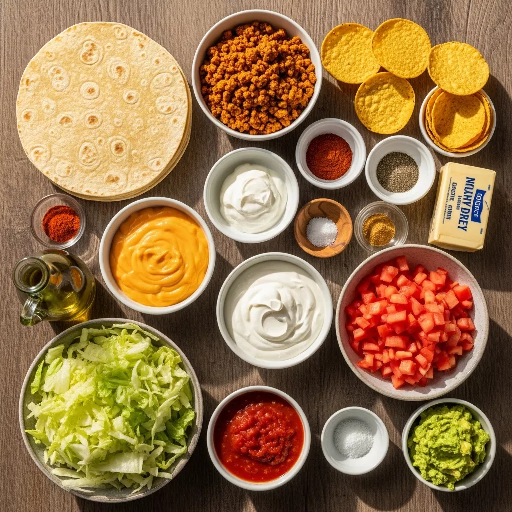 Ingredients for Ultimate Crispy Vegan Crunchwrap Supreme
