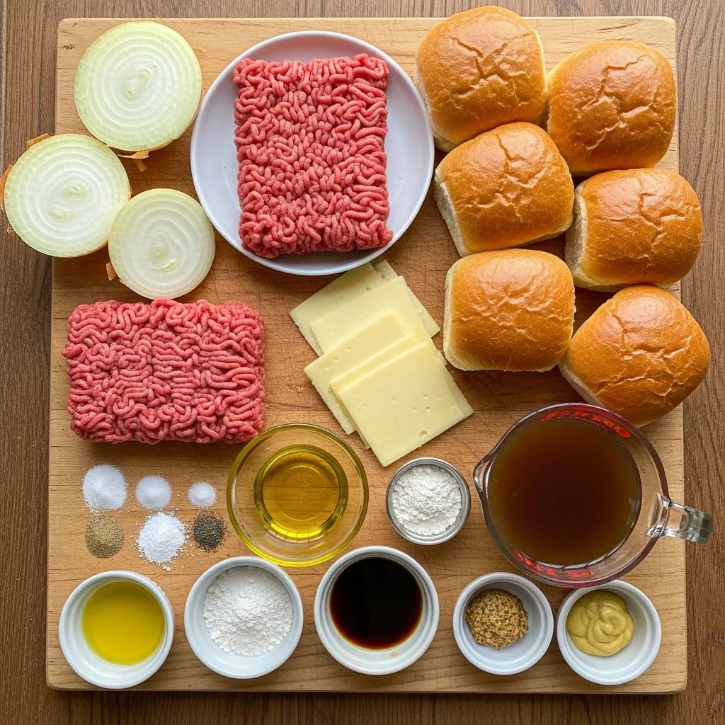 Ingredients for French Onion Beef Sloppy Joes