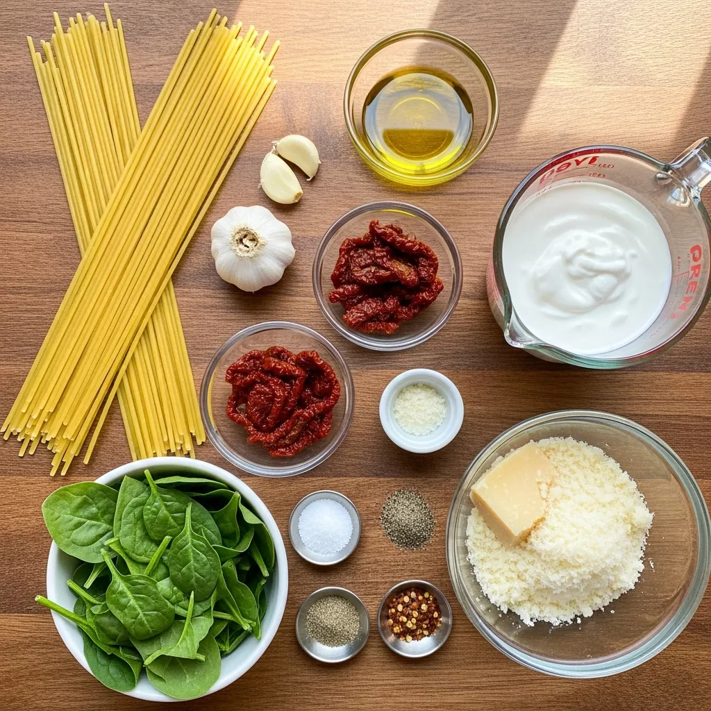 Ingredients for Creamy Spinach & Sun-Dried Tomato Spaghetti