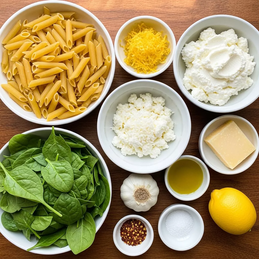 Ingredients for Creamy Lemon Ricotta Pasta with Spinach