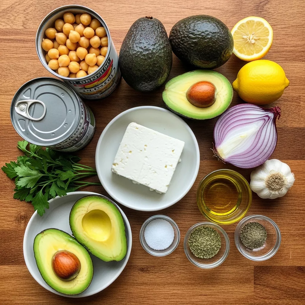 Ingredients for Creamy Chickpea Avocado Salad with Feta