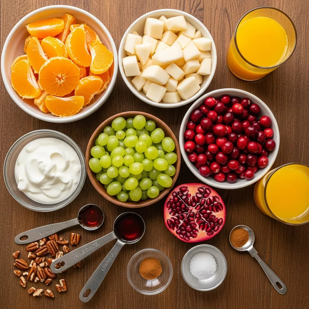 Ingredients for Festive Winter Fruit Salad with Cinnamon Vanilla Dressing