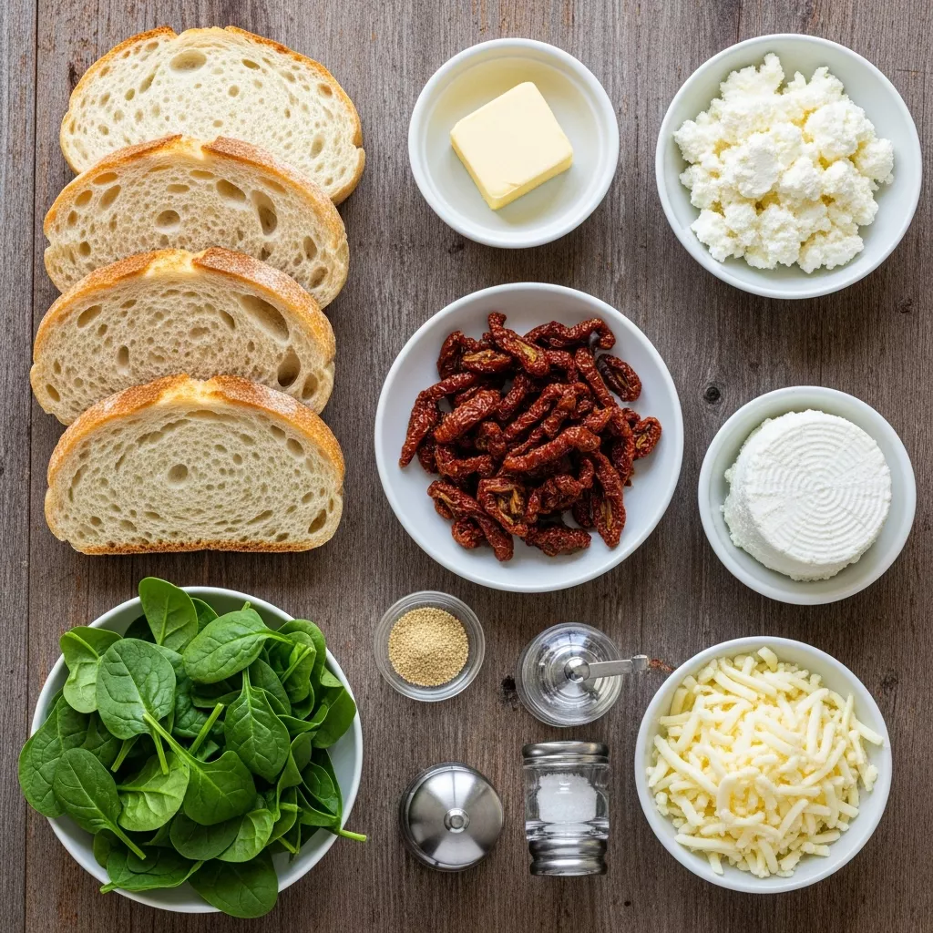 Ingredients for Golden Sun-Dried Tomato, Spinach & Ricotta Grilled Cheese