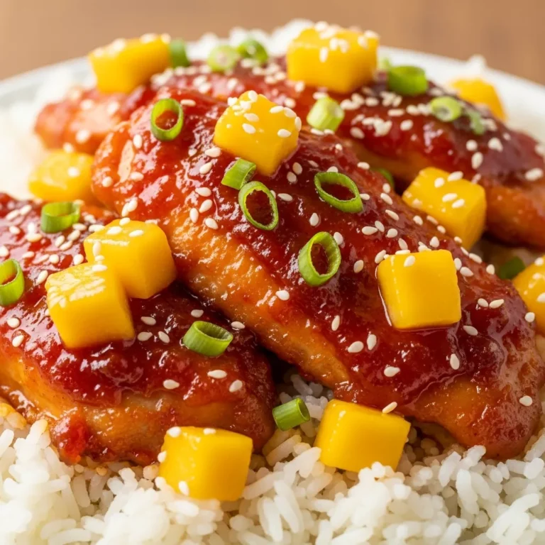 Recipe card for Fiery Mango Habanero Honey Garlic Chicken Perfect for anyone who loves mango habanero chicken!