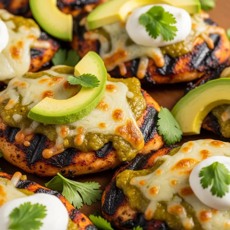 Recipe card for Grilled Salsa Verde Chicken with Pepper Jack