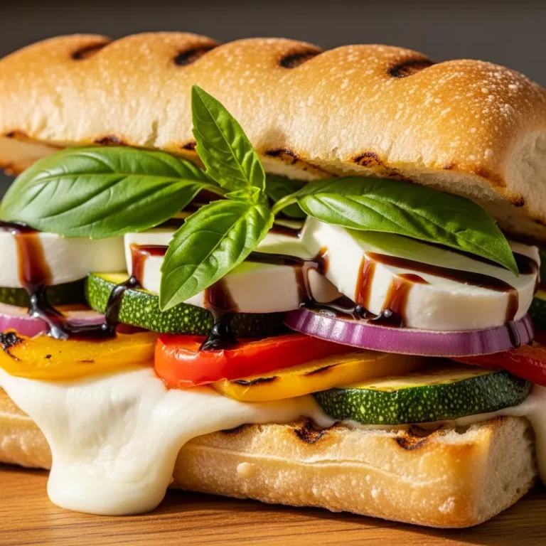 Recipe card for Grilled Veggie Mozzarella Melts Perfect for anyone who loves grilled veggie mozzarella sandwiches!