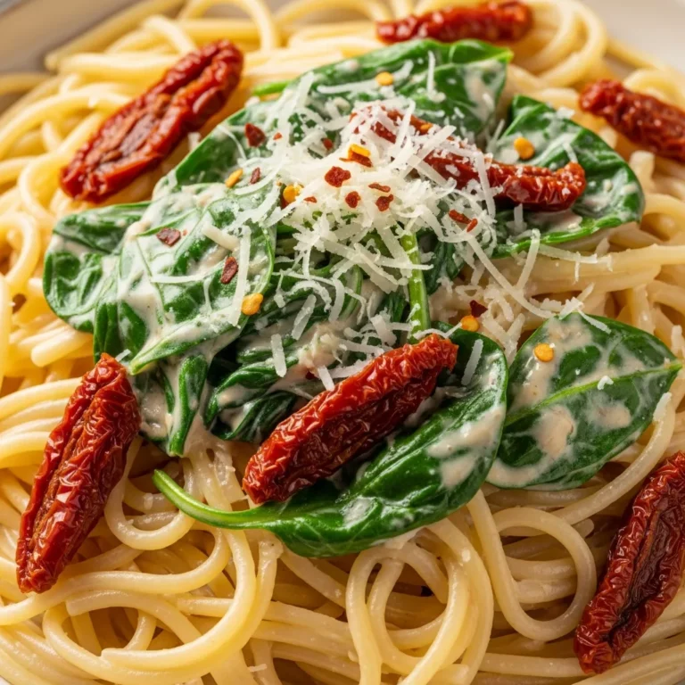 Creamy Spinach and Sun-Dried Tomato Spaghetti Recipe Card Perfect for anyone who loves creamy spinach spaghetti!