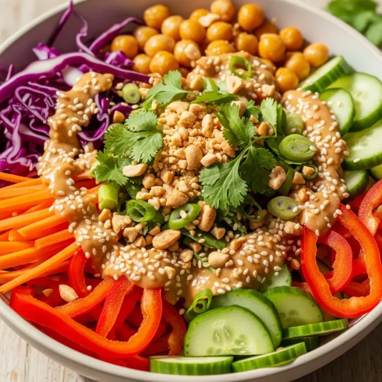 Full view of a Zesty Thai Chickpea Power Bowl, a crunchy salad with vegetables, chickpeas, and peanut dressing, on a rustic table.