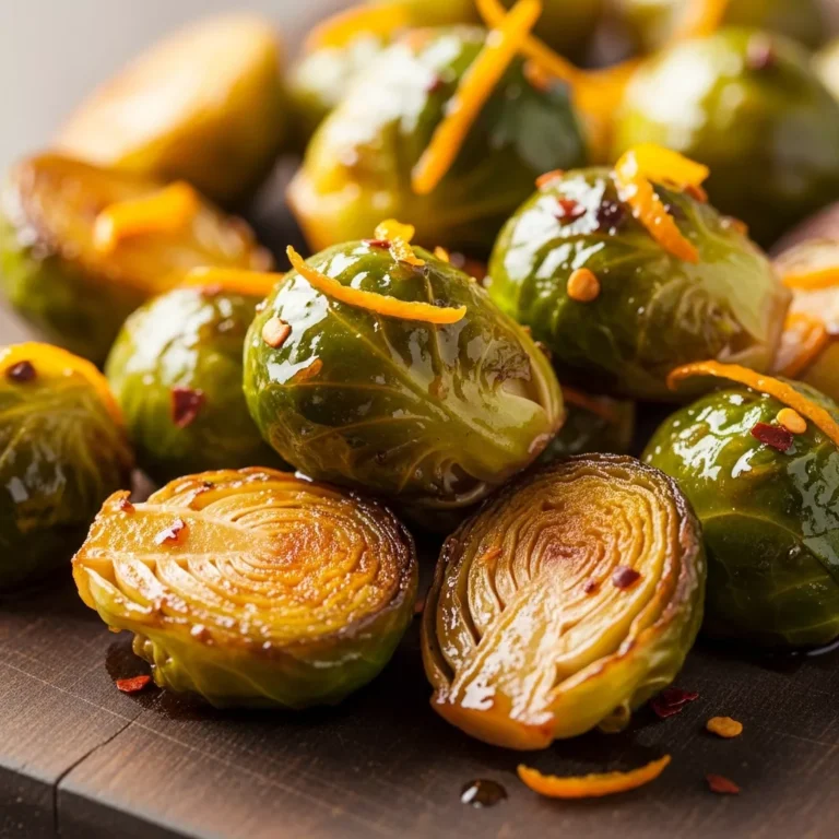 Platter of quick orange maple glazed Brussels sprouts with orange slices, ready to serve.