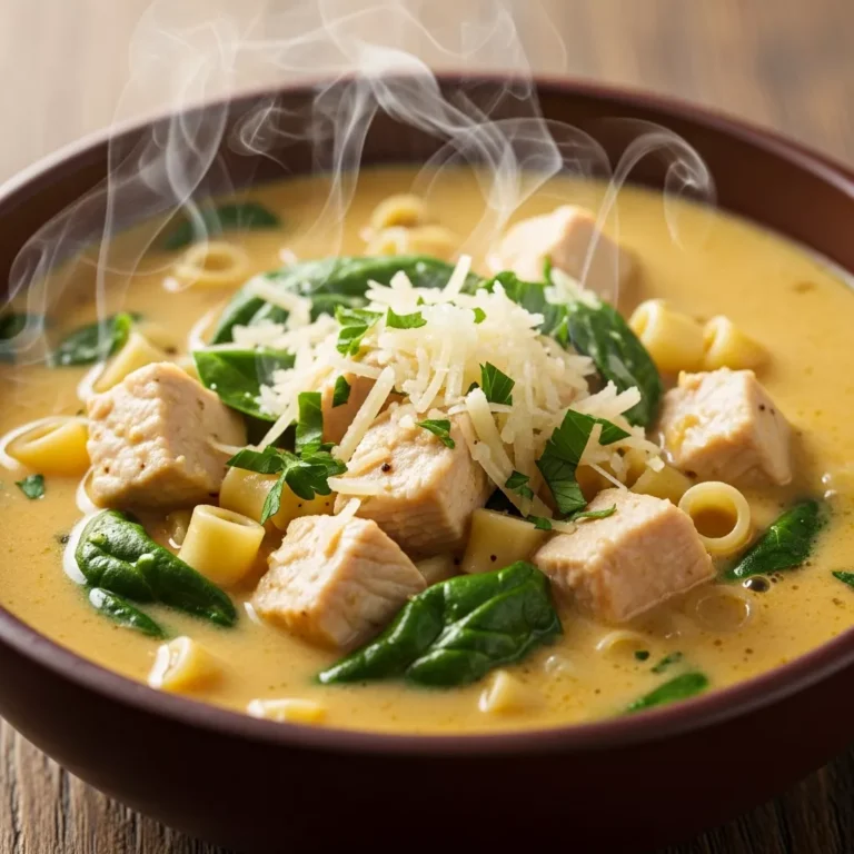 A hearty bowl of Velvety Garlic Parmesan Chicken Soup with chicken, pasta, and spinach, garnished with cheese and parsley, presented on a rustic surface.