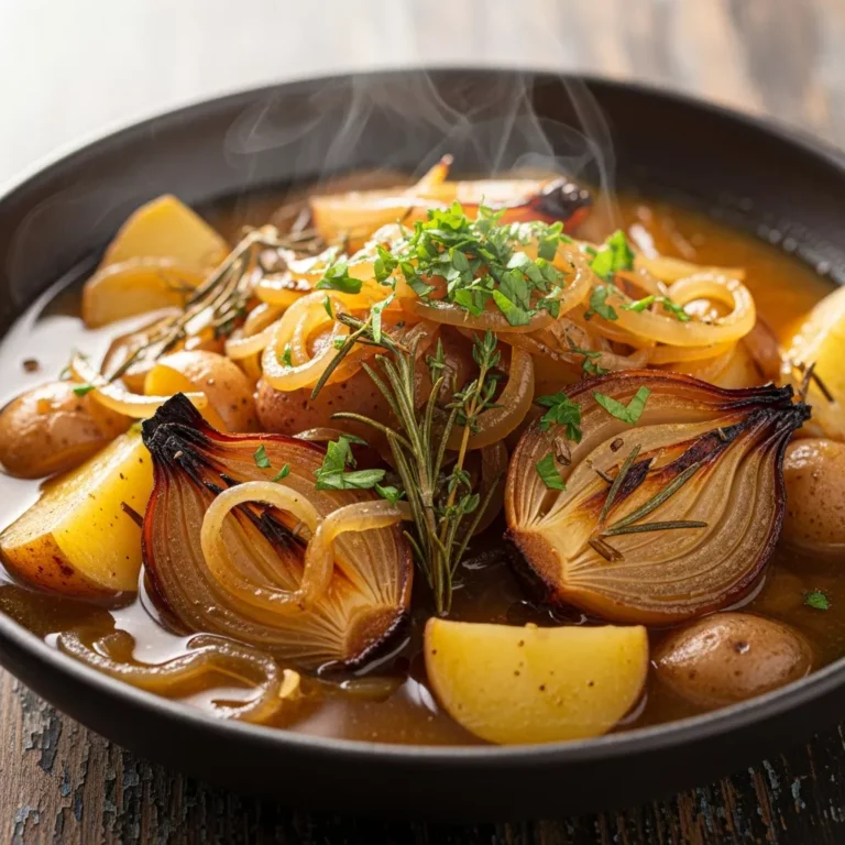 A vibrant image of the finished Golden Buttery Onion & Herb Comfort Boil, garnished with fresh parsley, ready to be served in a cozy setting.