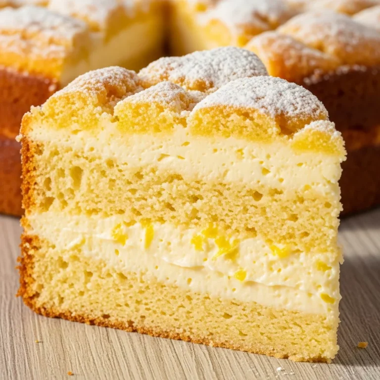 Golden-brown Effortless Zesty Lemon Cream Cheese Dream Cake, baked in a 9x13 dish and dusted with powdered sugar.