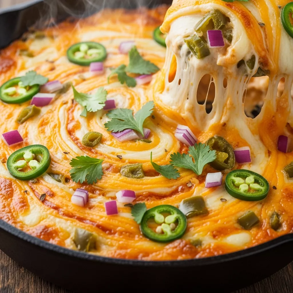 Macro close-up of bubbling Fiery Skillet Swirl Dip with melted cheese pulls, garnished with fresh cilantro, in a rustic cast iron skillet.