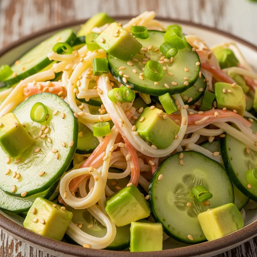 Close-up of Effortless Creamy Sushi Cucumber Salad with imitation crab, avocado, and green onions