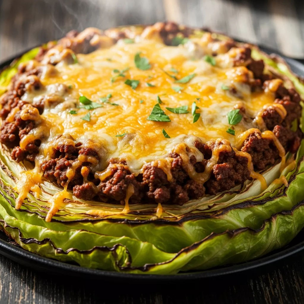 Crispy Beef and Cabbage Skillet Bake with melted cheese and caramelized edges in a rustic pan.