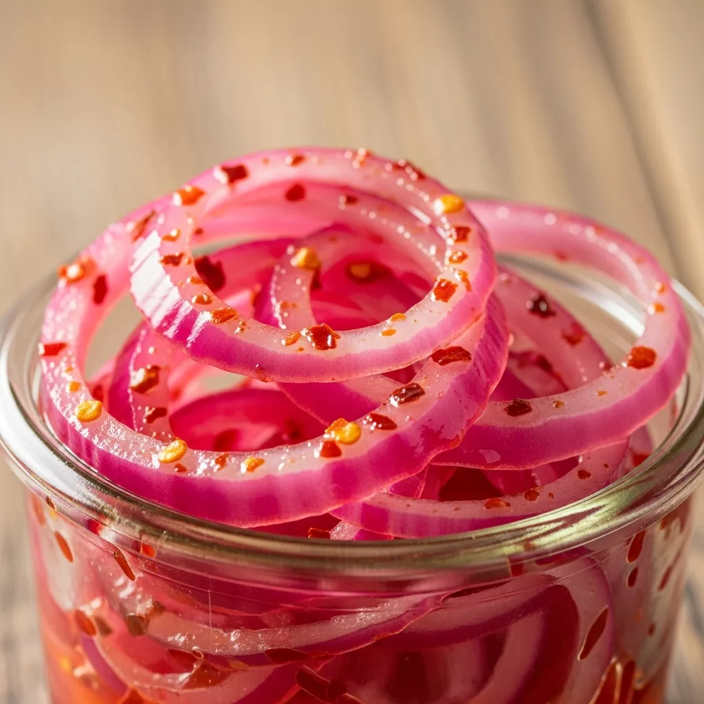 Macro close-up of vibrant Blazing Honey Pickled Red Onions in a clear jar, glistening with brine.
