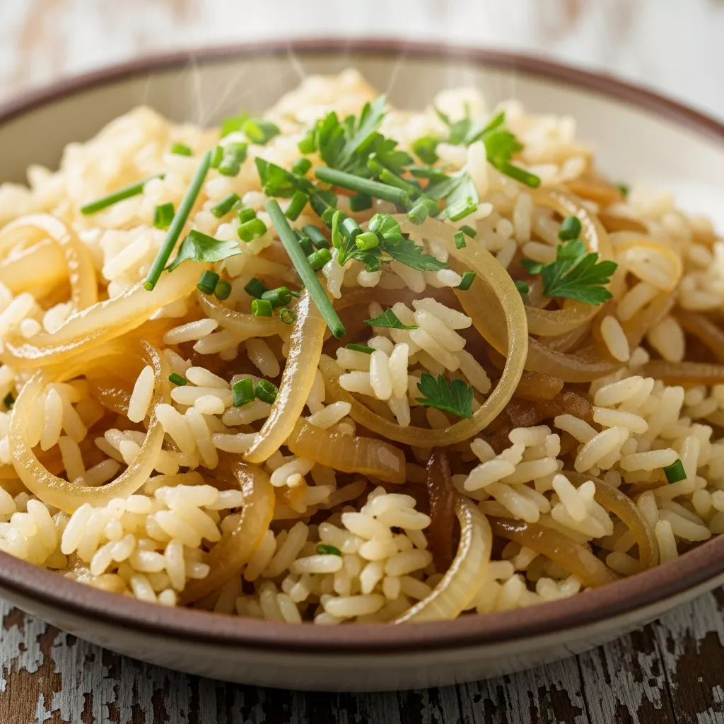 Macro close-up of golden French onion butter rice garnished with fresh chives, in a rustic bowl.