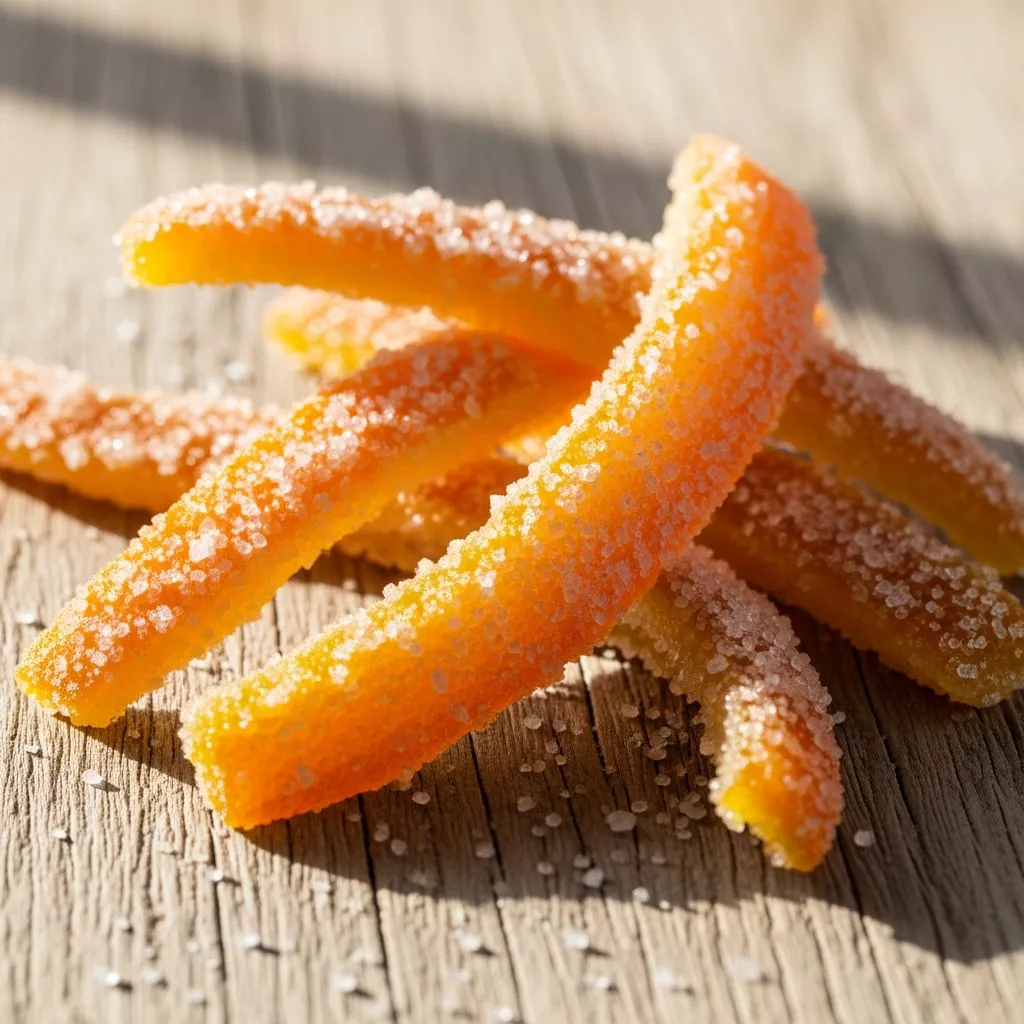 Macro close-up of homemade sparkling candied orange peels with sugar coating on a rustic wood board.