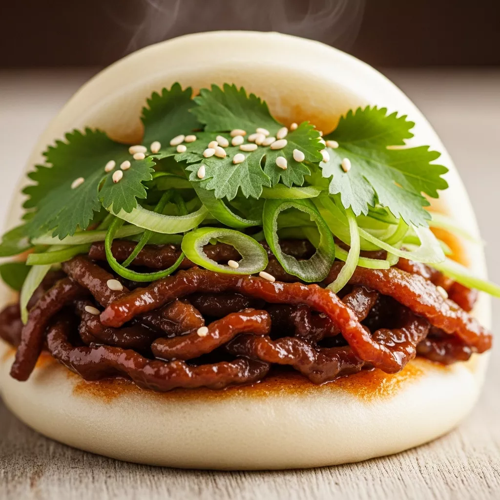 Macro close-up of a pillowy steamed beef bao bun, cut open to show savory caramelized beef filling, garnished with spring onions and cilantro.