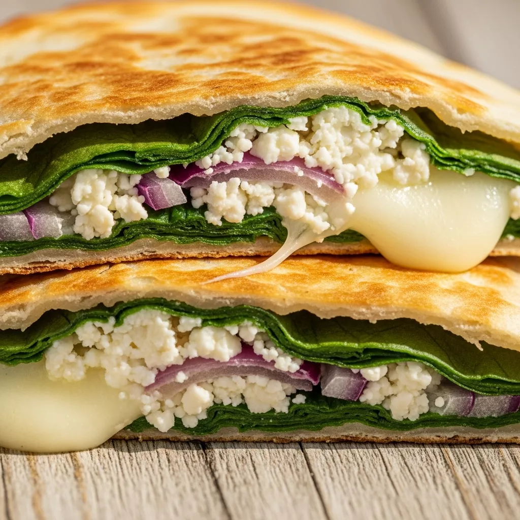 Macro close-up of a golden crispy Mediterranean spinach feta quesadilla, cut open to show melted cheese, spinach, feta, and red onion.