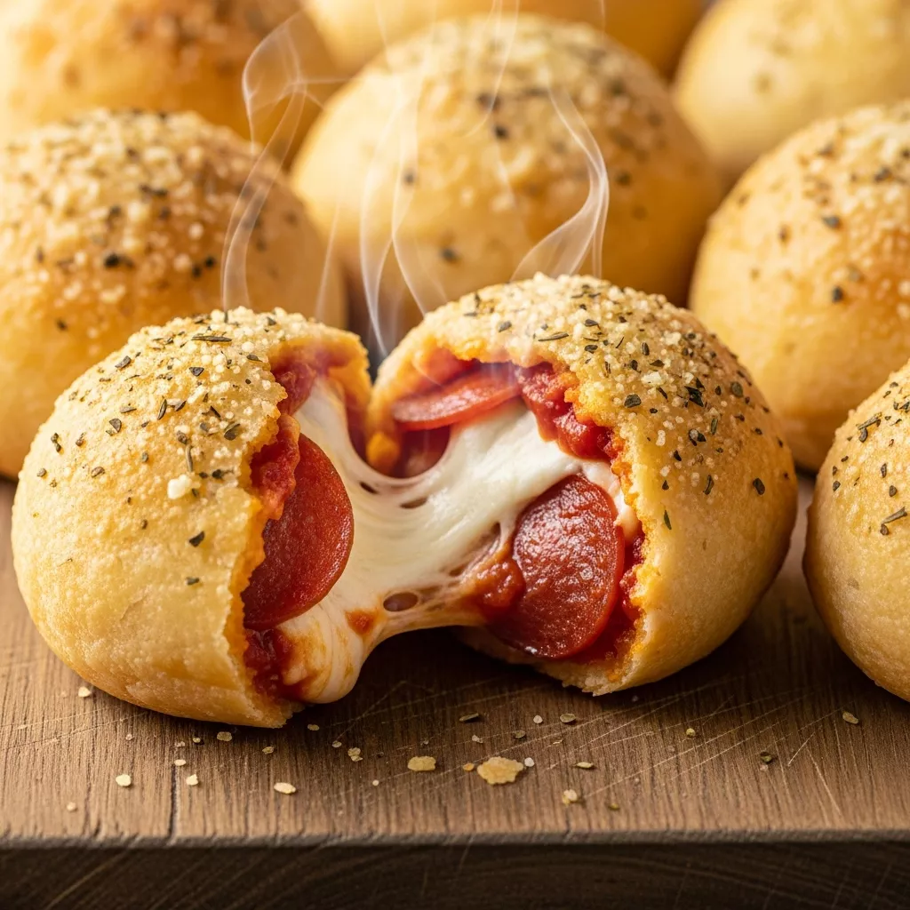 Macro close-up of golden crispy beef turkey pepperoni pizza bombs with melted cheese and marinara