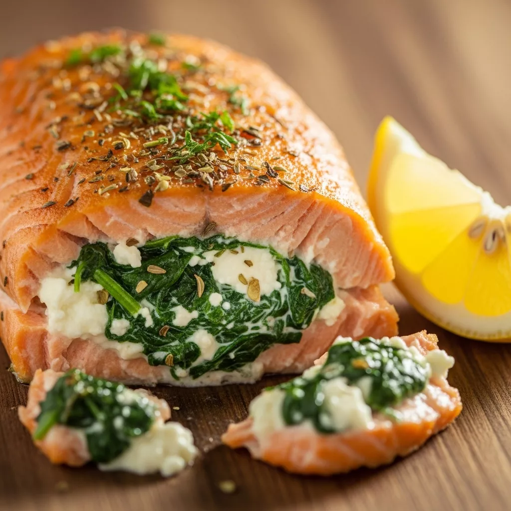 Macro close-up of golden-baked stuffed salmon with spinach and feta, garnished with fresh dill and a lemon wedge